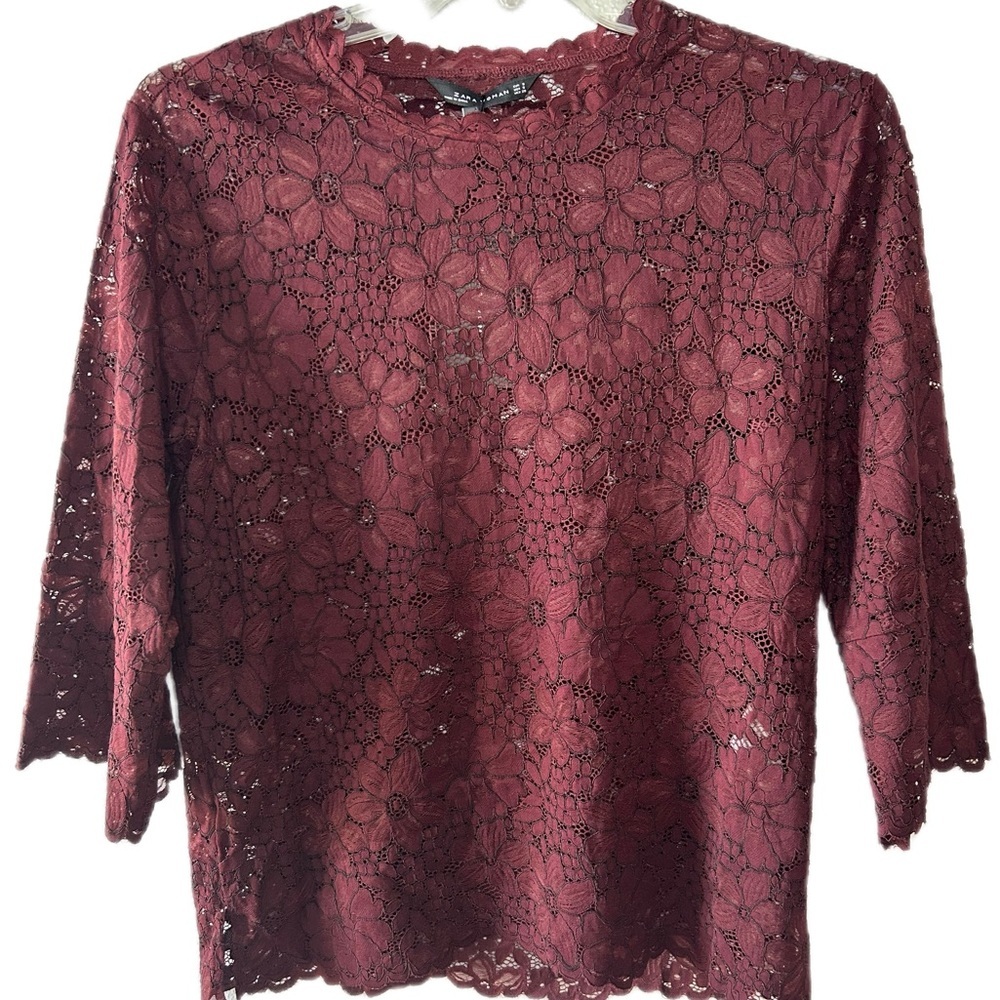ZARA Deep Red Floral Lace Blouse – Size S
